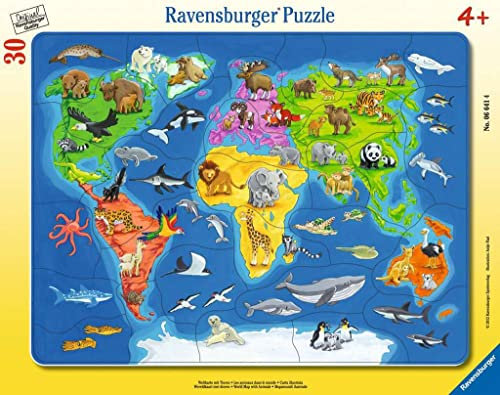 Ravensburger Kinderpuzzle - 06641 Weltkarte mit Tieren - Rahmenpuzzle für Kinder ab 4 Jahren, mit 30 Teilen