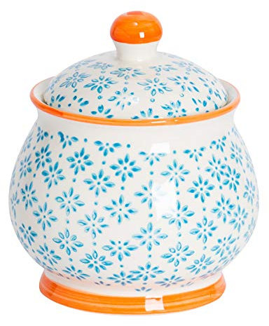 Nicola Spring Patterned Sugar Bowl with Lid - Blue - Pack of 1 - Porcelain Hand Printed Sugar Pot China Kitchen Salt Jar Seasoning Spice Storage Container