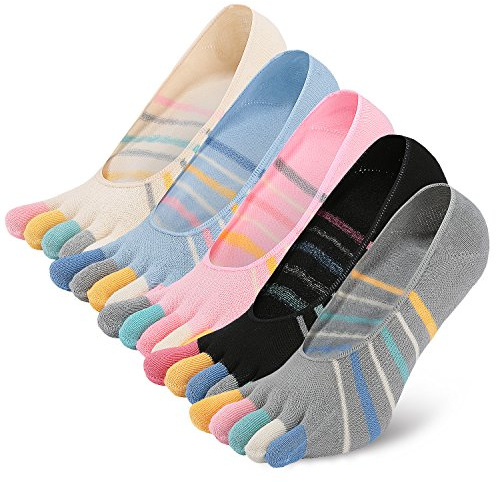 PUTUO Mujer Calcetines Cinco Dedos Separados: Calcetines Invisibles Cortos Bajo de Algodón con Silicona 5 pares