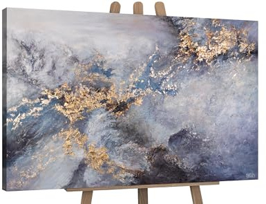 YS-Art Quadri acrilici su tela pronti da appendere Rinascimento Soggiorno arte astratta moderna nei toni del blu e dell'oro Arredo casa 120x80 cm
