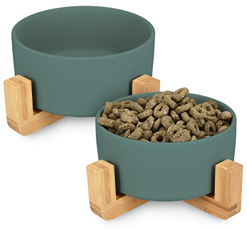 Navaris Lot 2X Bol en Céramique - Gamelle pour Chat Chiot Ø 16 cm avec Support en Bambou - Set 2X Gamelle Surélevée avec Socle - Design Danois