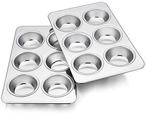 TeamFar 2 Packs Muffin Pan, Stainless Steel Muffin Cupcake Pan Tin Tray for Baking, for Mini Cakes/Tarts/Quiche, Healthy & Sturdy, Oven & Dishwasher Safe (6-Cup)
