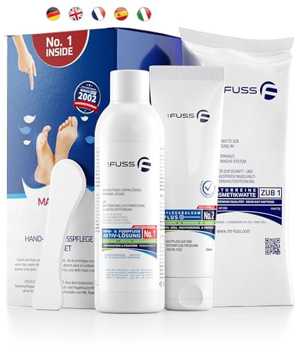 Mr. Fuss® No. 1 - Advanced Pack Basic - Klein, Nagelhaut- Hornhautentferner Sparpaket 4 tlg. Aktiv-Lösung Schnell & Stark erweichend - 200 ml, Balsam No. 2-100 ml, Watte, Schaber