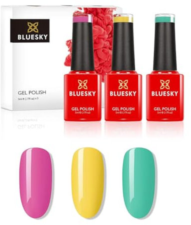 Bluesky Gel Nail Polish Set, Dance Your Way Spring 2021 Collection -Trio Set 2 - Brights. 3 x 5ml Gel Nail Polishes. Blue, Yellow, Pink, Turquoise (Requires curing under UV/LED Lamp)