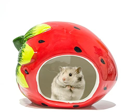 Besimple Hamster Hideout, Small Animal Hideout Ceramic Pet House, Adorable Shape Hamster House Cave Mini Hut Cage Critter Bath House for Chinchilla(Strawberry)