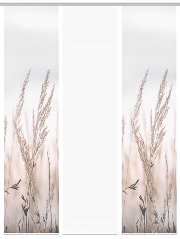 HOME WOHNIDEEN 88372 | 3er-Set Schiebegardine 'RELVA', Digitaldruck auf Bambus-Optik, mit abstraktem Gräser-Motiv, 260x60cm, Farbe: Natur
