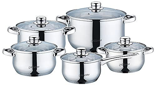 Maestro MR-2020-10 Batería de Cocina Acero Inoxidable, 10 piezas, Inducción, 1 Olla, 3 Cacerolas, 1 Cazo, 5 Tapas de Cristal, Apta Para Todo Tipo de Cocinas, Apta Lavavajillas