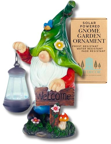 G&H Decor - Solar Gnome Decoration - Hand Painted Garden Gnome Solar with Amazing Detail - Funny Resin Solar Gnomes Garden Figurines for Outdoor - Gnome Solar Lights with Welcome Sign (Lantern)