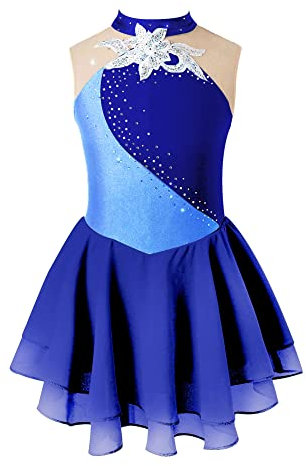 iEFiEL Mädchen Eiskunstlauf Kleid Glitzer Ballettkleid Ärmellos Ballettanzug Ballett Trikot Body mit Strass Wettbewerb Kostüm Gymnastikanzug Yb Navy Blau 146-152
