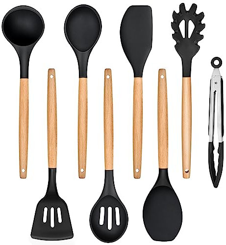 TEAMFAR Küchenhelfer Set, 8 Stück Schwarz Silikon Küchenutensilien Kochbesteck Set mit Holzgriff, Hitzebeständiger Kochutensilien Set zum Kochen, Backen, Leicht zu Reinigen