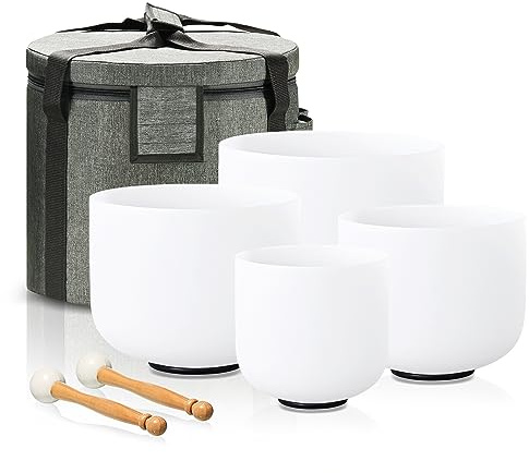 Lycrystal Klangschalen-Set mit 4 Stück, 15,2 cm, A-Note, 20,3 cm, F-Note 25,4 cm, G-Note 30,5 cm, C-Note, mattierte Chakra-Quarz-Kristall-Klangschalen mit Tragetasche.