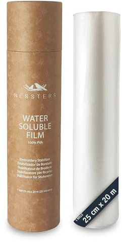 NESSTERS Stickvlies wasserlöslich - Transparente lösliche Folie für die Handstickerei, stickmaschine, oder bleistiftstickerei - Stickfolie wasserlöslich - 25 Mikron Dicke - Rolle 25cm x 20m