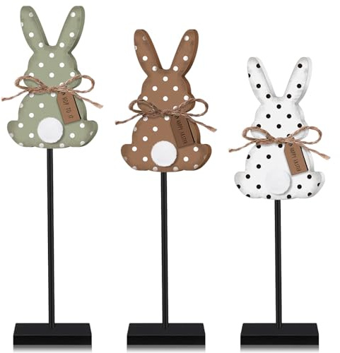 Burbell 3 Pcs Easter Bunny Table Decorations Wooden Bunny Tabletop Decor Rustic Rabbit Tall Standing Sign Block Farmhouse Spring Centerpiece Neutral Easter Decor for Home Mantel Office Desk(Dot)