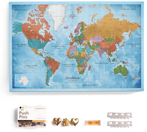 Hochwertige Canvas Weltkarte mit Kork-Pinnwand - Deutsche Beschriftung - Dekorative Wanddeko für alle Zimmer - Leinwandbilder mit Weltkarte Motiv (150x100 cm, Muster 21)