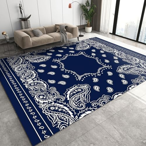 WTVBHF Area Rugs 100x140cm Exotic Floral Border Blue Classic Carpet, Indian Ethnic Date Palm Leaf, Non-slip, Office, Bedroom, Living Room
