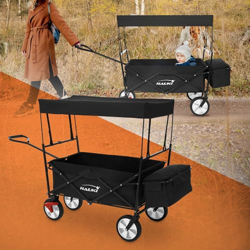Hauki Carro de Mano Plegable con Techo, Negro, Transporte de hasta 80 kg para Niños o de Equipamiento incl. 2 Bolsillos de Malla y 1 Bolsa Exterior, Remolque con Freno en Rueda Delantera para Exterior