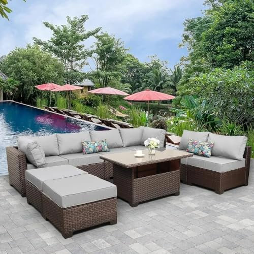 Kissen,9-teiliges Gartenmöbel-Set für den Außenbereich, Terrassen-Rattan-Sofa-Set mit Kissen und Aufbewahrungstisch, Gartenmöbel-Set für Veranda, Garten, Hinterhof, Balkon