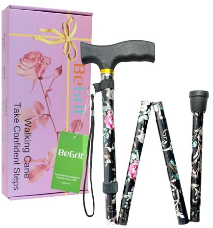 BeGrit Bastone da passeggio donna idea regalo elegante Bastone Pieghevole da Passeggio Regolabile Leggero Trasportabile e Durevole Floreale per madre, compleanno, giorno del Ringraziamento, nero