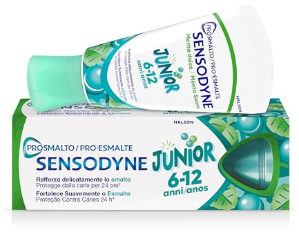 Sensodyne Prosmalto Junior, Dentifricio quotidiano per Bambini 6-12 anni, rafforza delicatamente lo smalto e protegge dalla carie per 24 ore, Aroma Naturale Menta Dolce, 50 ml