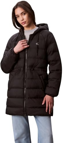 Calvin Klein Abrigo de plumas Mujer Lightweight Logo Mid Length con capucha, Negro (Black), S