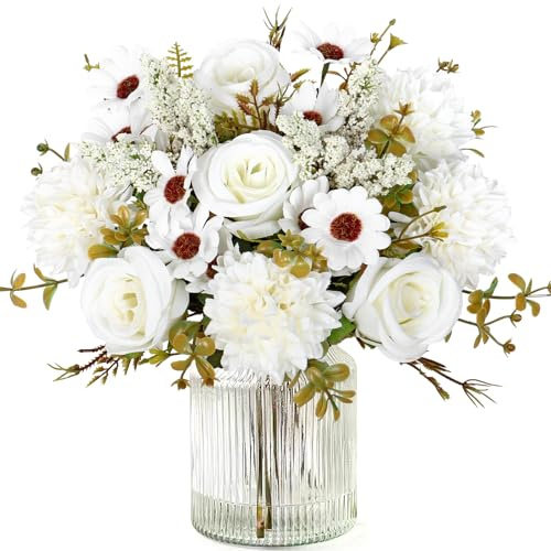 MEIVINES Flores Artificiales 2 Piezas Ramo de Seda de Rosas y Margaritas Artificiales Flores Artificiales Decoracion para Boda, Hogar, Mesa, Fiesta (Blanco, 2PCS)