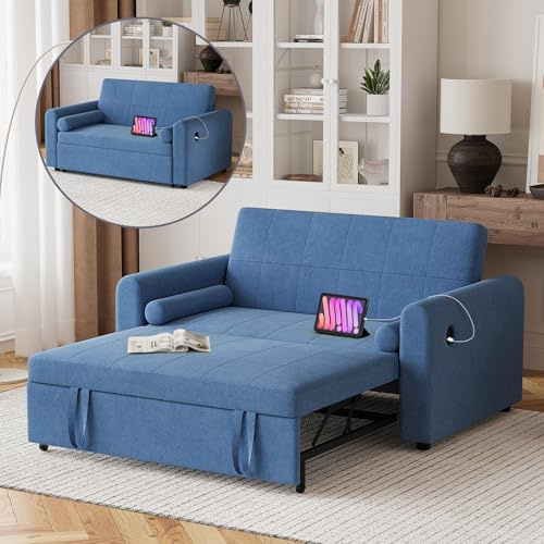 2 Seater Sofa Bed, 3-in-1 Convertible Velvet Sleeper Double Sofa Bed with Storage Pockets, USB & Type-C Ports and 3-Position Adjustable Backrest, Pull Out Couch Bed for Living Room, Bedroom, Blue