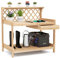 COSTWAY Garden Potting Table, Wooden Planting Bench Table with Lattice Trellis, Removable Drawer, Top & Lower Shelf, Gardening Workbench Station for Outdoor Patio Courtyard