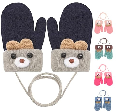 1 Paar Baby Winter Fäustlinge auf Schnur für 0-3 Jahre Kinder Niedlicher Bär Gestrickte Warm Handschuhe mit Fleece Gefüttert Kleinkind Hang Neck Fäustlinge für Baby Jungen Mädchen