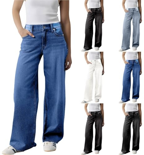 Jean Baggy Femme Taille Basse, Jean Bootcut Femme Grande Taille, Pantalon Quotidiennes avec Poches Slacks Décontracté Polyvalent 2025 Nouveau Coupe Denim Chic Streetwear Jambe Largeur Pantalon