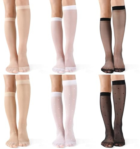 Zuimei 6 Pairs Pop Knee High Socks for Women, Sheer Nylon Stockings