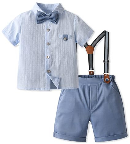 Volunboy Bimbo Completini e Coordinati Gentiluomo, Fiocco Camicia e Bretelle Pantalocini 4 Pezzi Ragazzi per Matrimoni Compleanni(Azzurro Cielo,2-3 anni,Taglia 100)