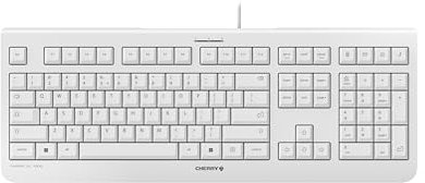CHERRY KC 1000, Tastiera con filo, Layout per l'Unione Europea (QWERTY), Plug & Play tramite porta USB, Design piatto, Battitura estremamente silenziosa, Colore bianco-grigio