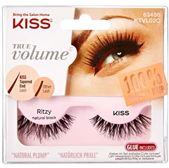 KISS True Volume Collection 1 Pair of False Lashes, Ritzy, 100% Natural Hair Fake Eyelases with Tapered End Technology includes Lash Glue