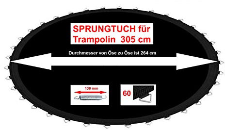 Izzy Sprungtuch 305 cm Trampolin 60 Ösen Sprungmatte - Innenmaße: 264 cm - geeignet für 135 bis 138 mm Federn