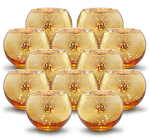 GUIFIER 12 PCS Bougie Verre - Porte Bougie à Bougie Votive en Verre Mercury - Bougie Chauffe Plat 2 po H Bougeoir Mouchetés en Or Tacheté pour Mariage Fête et Décoration