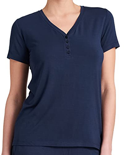 Schiesser Damen Schlafshirt Kurzarm Modal mit Knopfleiste-Mix + Relax Pyjamaoberteil, blau_175476, 44