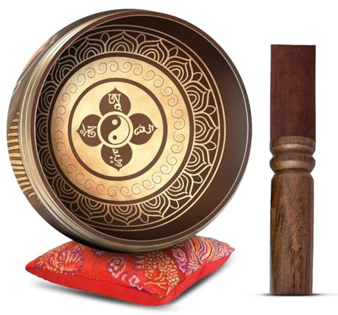 Tibetan Singing Bowl Set - Easy To Play Authentic Handcrafted For Meditation Sound Chakra Yoga Healing 4 Inches By Himalayan Bazaar (Brown and Maroon)