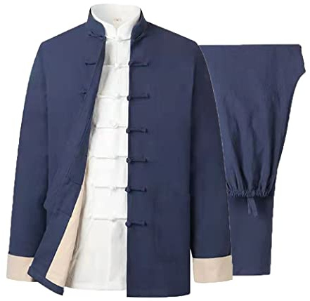 Baumwolle Leinen Tai Chi Uniform Set Tang Anzug Chinesische Traditionelle Kleidung Herren Kampfkunst Kleidung Atmungsaktiv Langarm Mantel Tops Hose, Kung Fu Uniform Zen Meditati, blau (1), 4XL/5XL
