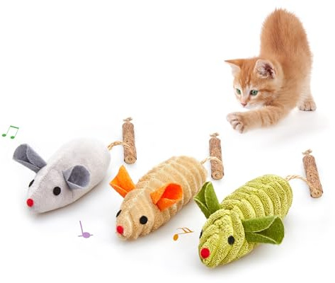 Potaroma Cat Toys: 3pcs Squeak Mice Interactive Catnip Silvervine Animals for Indoor Kittens - Dental Matatabi Cat Nip & Chew Exercise Toy for All Breeds & Species