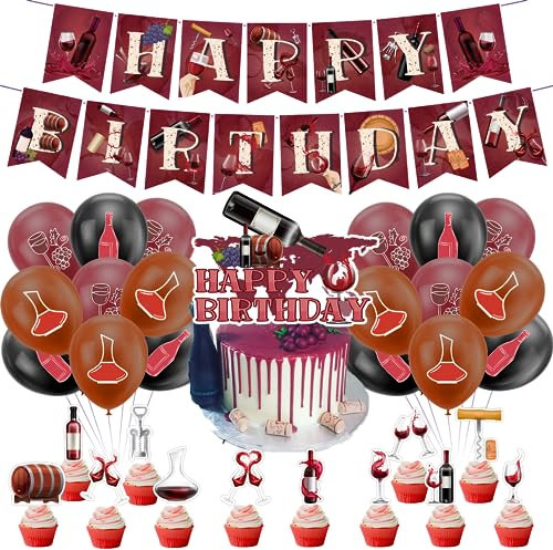 Rotwein Geburtstag Dekorationen Rotwein Party Supplies Set Rotwein Geburtstag Banner Kuchen Topper Cupcake Toppers Ballons für Rotwein Party Dekorationen