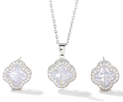 Gkaopi Jewellery Set for Women Clover Gold Plated Sterling Silver Necklace Stud Earrings Jewellery Set Settings Sparkling Cubic Zirconia Diamond Cut Crystal Jewelry Gift for Girls