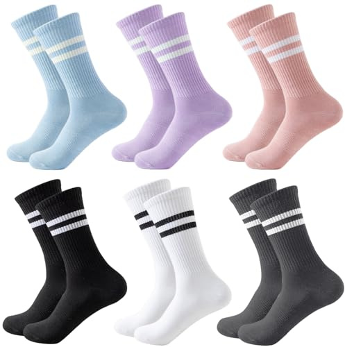 Chaussettes Hautes en Coton pour Femmes avec Rayures - Douces et Confortables pour Sport, Yoga, École, Gym, Tennis - Décontracté et Quotidien (EU 35-40) Lot de 6