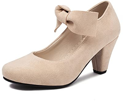 elerhythm Zapatos de mujer Bowknot Mary Jane Bow Retro Tacones de los años 50 Vintage Faux Suede Cerrados Redondos Zapatos de Dedo de los años 20 Gatsby Oficina Cómodos Bowtie Dressy Zapatos, Cuello