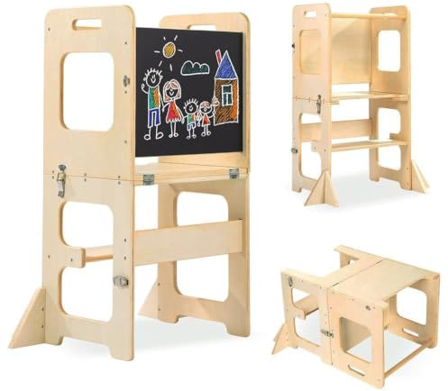 Tour debout d'apprentissage 2 en 1 pour tout-petits, tabouret de cuisine en bois avec tableau noir Montessori et Waldorf Helper pour enfants, marchepied en bois avec table et chaise (couleur bûche)