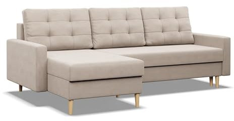 Mebligo - Ecksofa mit Schlaffunktion und Bettkasten BLANK, 223x88x140 cm, Universelles Eckcouch, Rechte oder Linke Seite Couch, Wohnzimmer Schlafsofa. L Couch mit Schlaffunktion - Beige