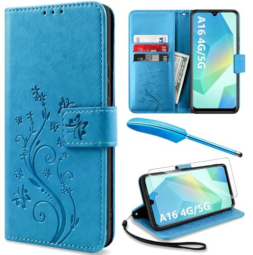 YIRSUR Handyhülle für Samsung Galaxy A16 4G/5G Hülle mit 1 Stück Hartglas Schutzfolie, PU Leder Flip Wallet Case Kartenfach Ständer Klapphülle Lederhülle für Samsung Galaxy A16 4G/5G - Blau