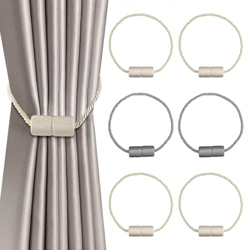 6 fermatenda magnetici per tende, fermatenda magnetic con fibbie, fermatenda per tende decorative, cravatte con più spesse torsione e forte cravatta magnetica posteriore per tende (4 beige e 2 grigi)
