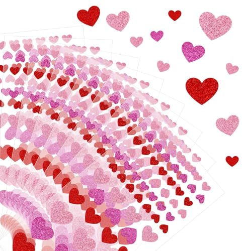 BOARDFEB Heart Stickers, Pack of 620 Glitter Stickers Heart Stickers 3 Sizes Valentine's Day Love Decorative Glitter Stickers for Anniversaries Wedding Envelopes Cards Crafts Scrapbook