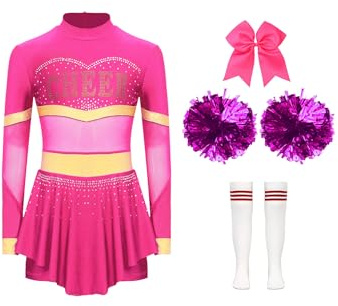 MSemis Niñas Disfraz de Animadora con Pompón y Calcetines y Lazo Uniforme de Porrista Vestido Maillot de Baile Manga Larga con Pedrería Traje de Danza Competición 5-16 Años