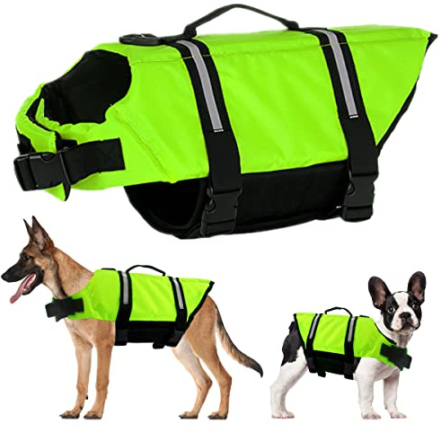 Gilet de Sauvetage Chien, FainFun Gilets de Sauvetage pour Chiens avec Bandes Réfléchissantes/Ceinture Réglable (Vert, XXL)